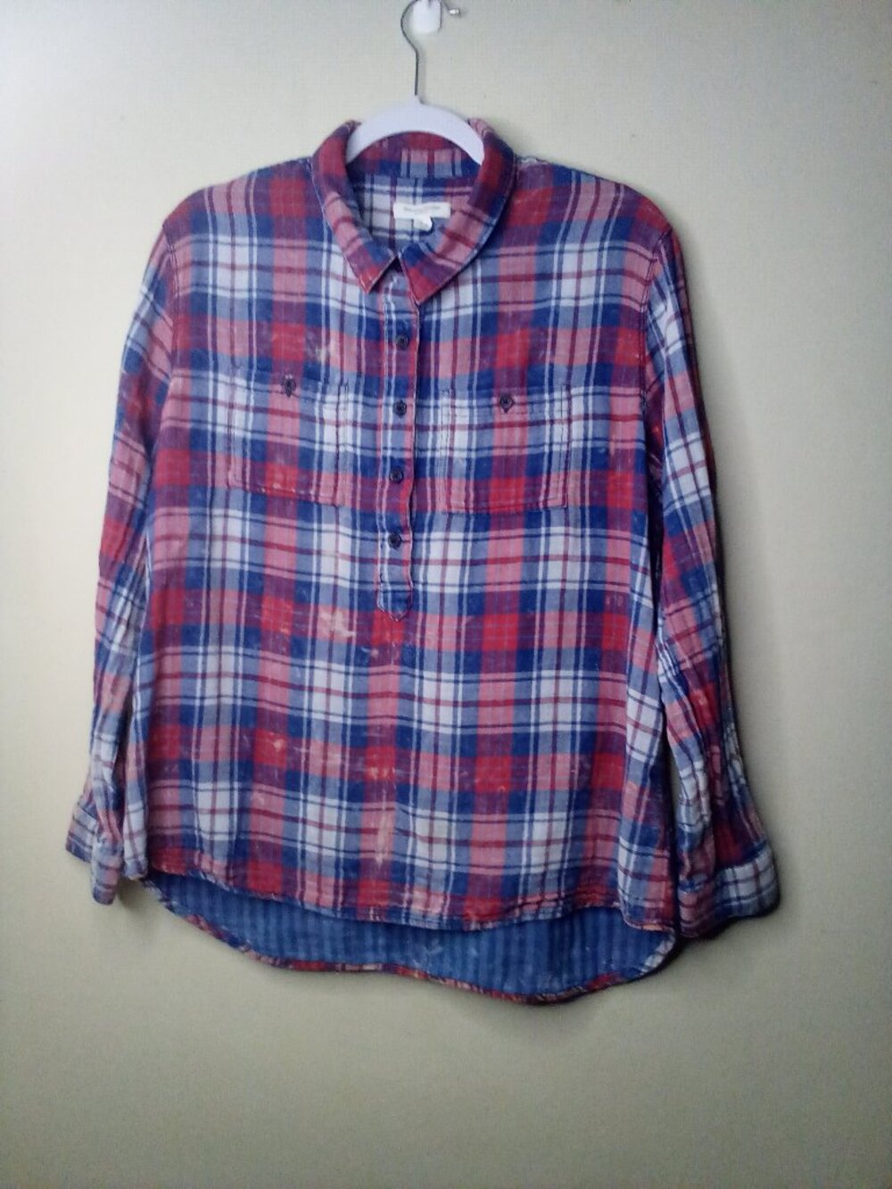 Beach Lunch Lounge Shirt Women L Button Up Long Sleeve Pockets Plaid Blue Red